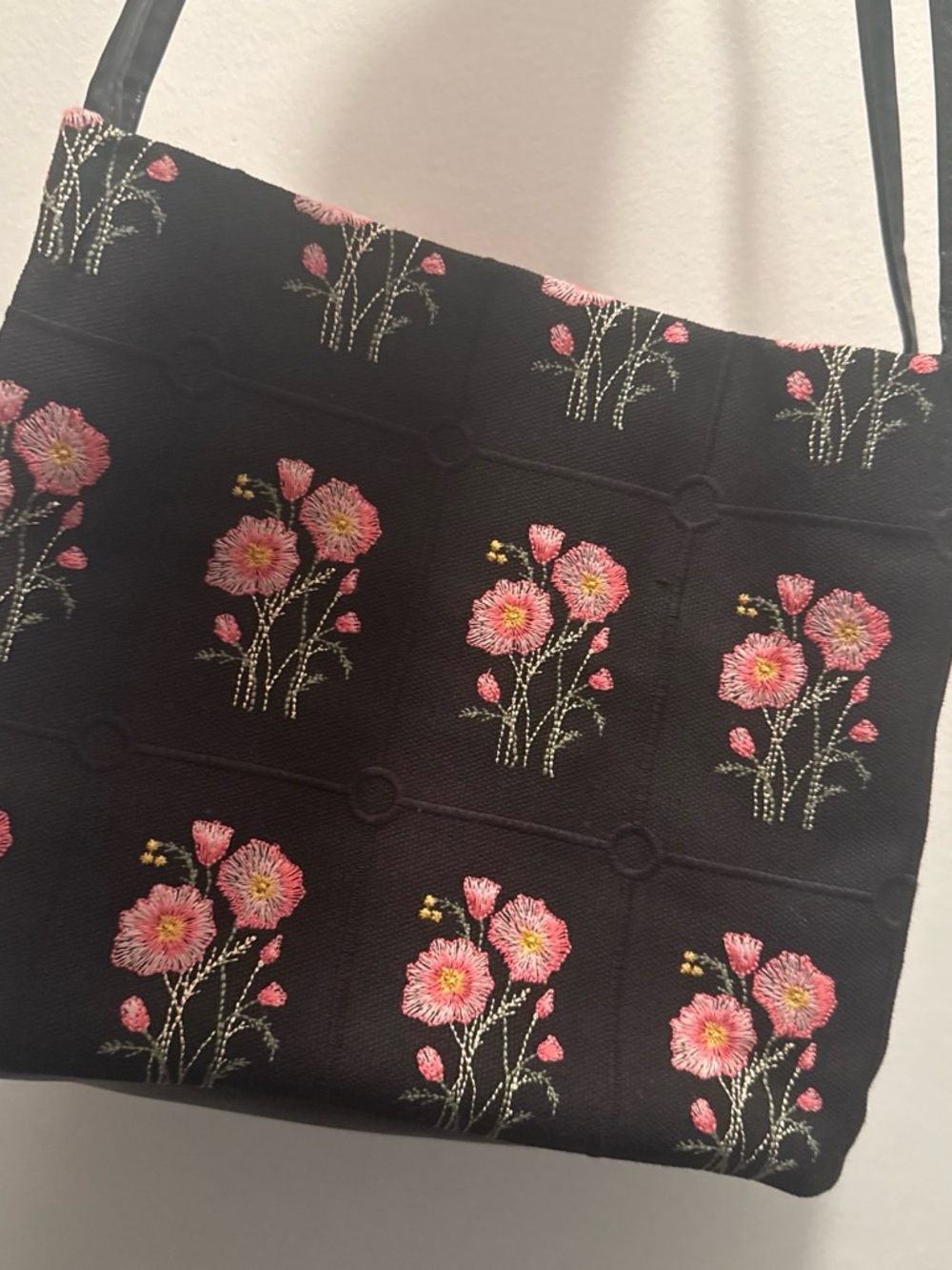 Black Shoulder Bag with Pink Floral Embroidery